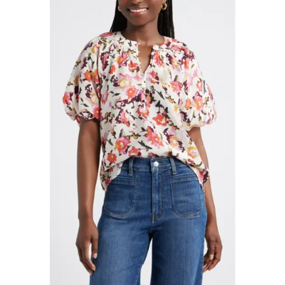 Caslon Floral Blouse Women’s Large Puff Sleeve Split Neck Top Tencel Lyocell